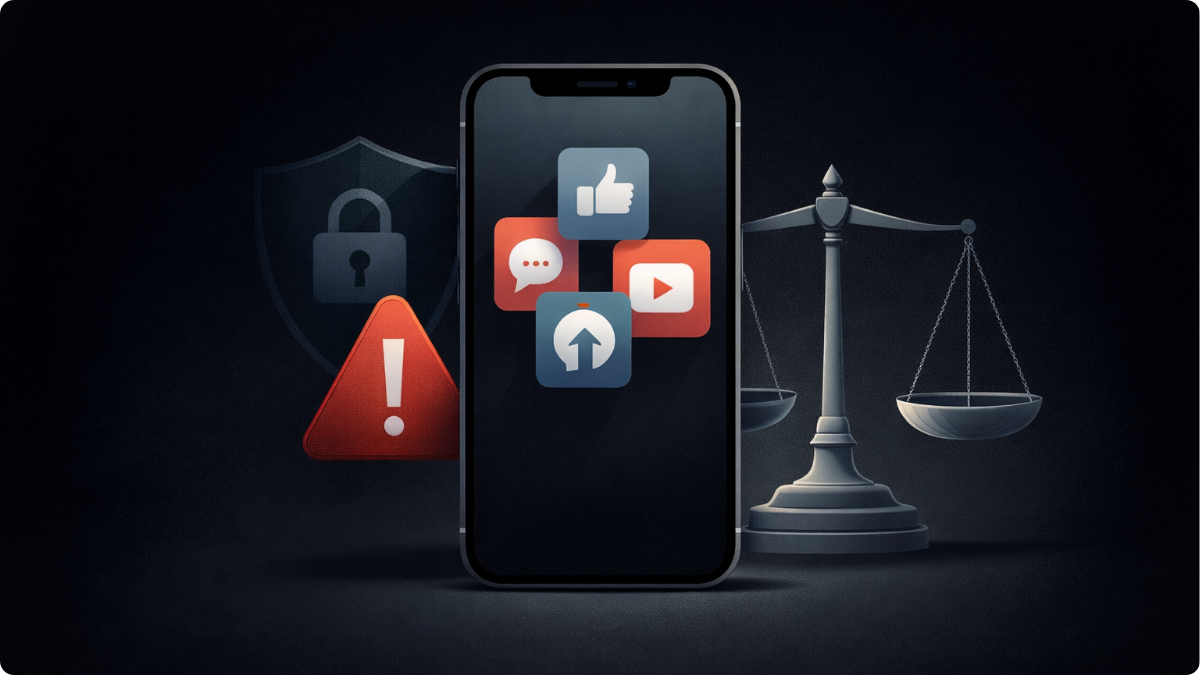 Social media law illustration showing digital platforms and legal regulation sql Copy code